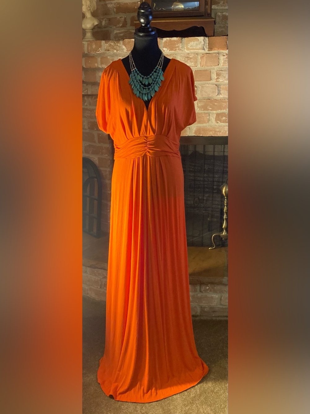 Iman Elegant Orange Ruched-Waist Maxi Dress